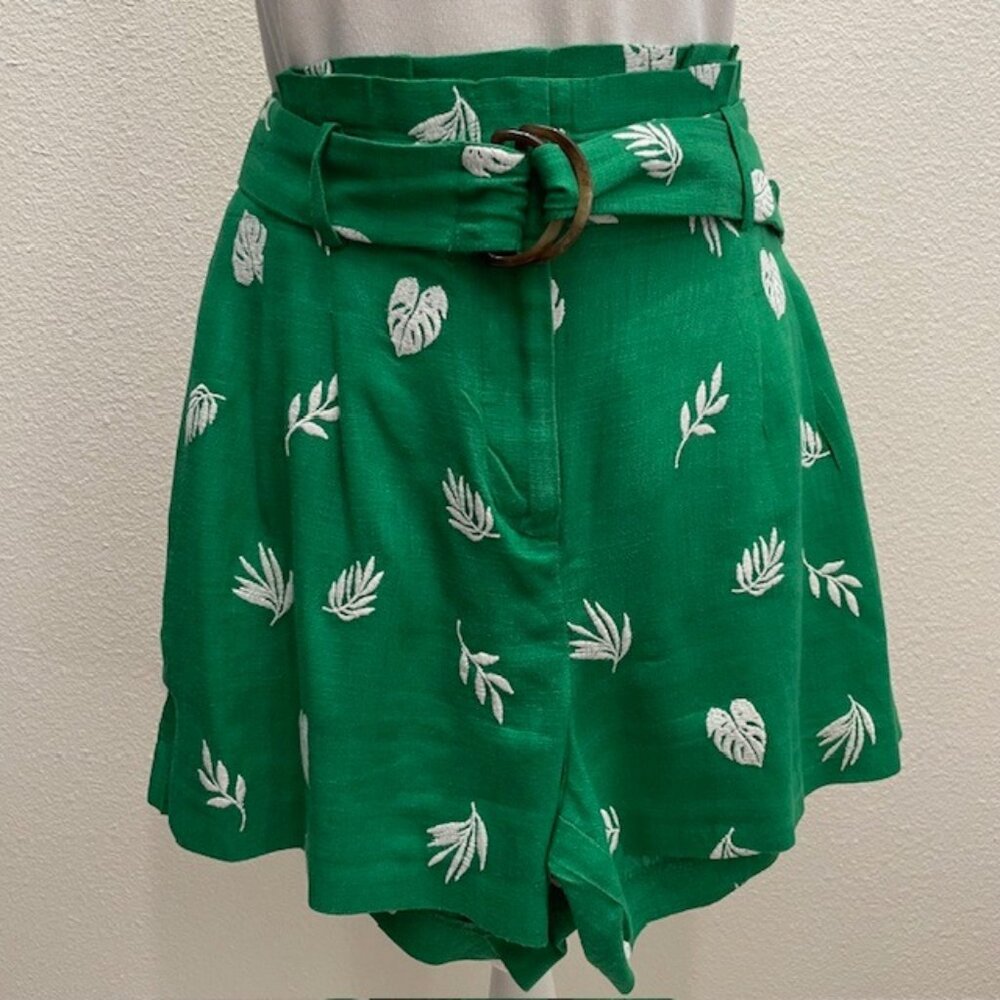 Ann Taylor Linen Blend Paper Bag Waist Palm Print Shorts with Self Belt
